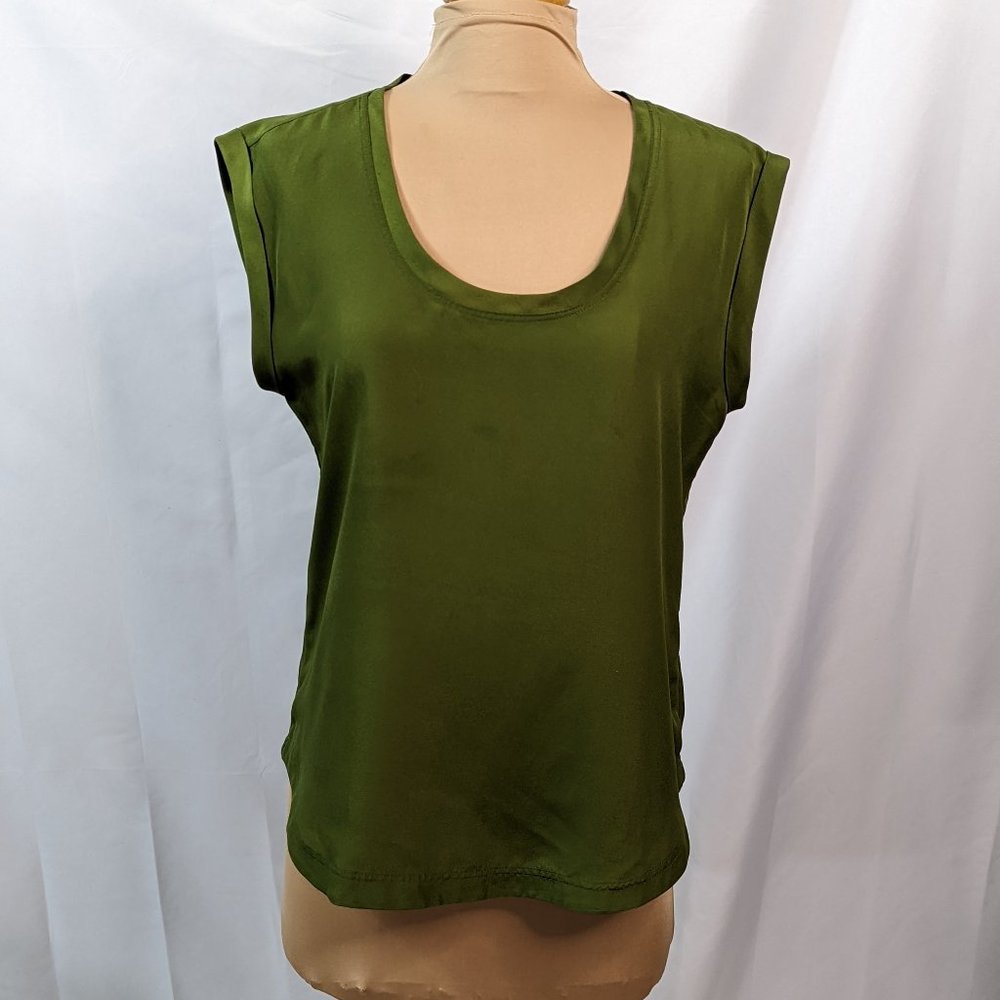 J CREW Scoop Neck Folded Cap Sleeve Flowy Blouse Olive Green Size 6
